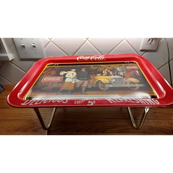 2 Vintage Coke 1987 Coca Cola Touring Car Advertising Lithograph TV Tray w Legs - Picture 9 of 12
